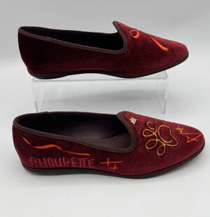 Karl Lagerfeld Red Velvet Vaneda Ikonic Flat Embroidery Loafer Cat Pin Sz 6 NIB